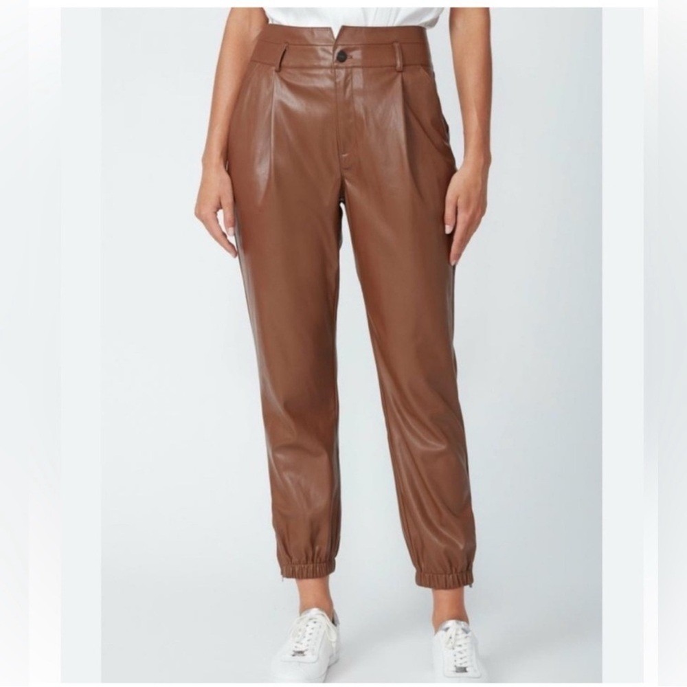 Paige High Rise Pleated Mayslie Jogger Pants, Faux Leather Cognac, Size 10, NEW
